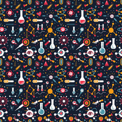 Seamless pattern with science-themed icons including flasks, atoms, DNA strands, and laboratory equipment on a dark background.