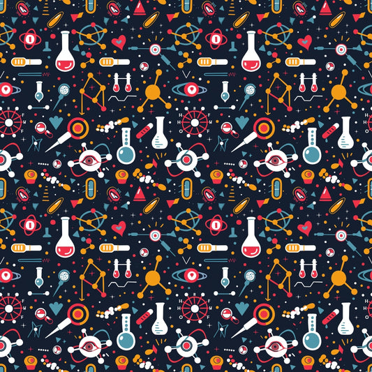 Seamless pattern with science-themed icons including flasks, atoms, DNA strands, and laboratory equipment on a dark background.