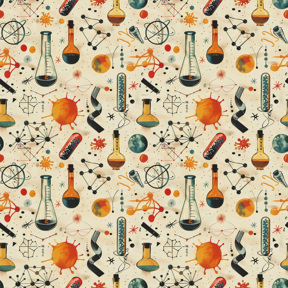 Seamless pattern with scientific illustrations including test tubes, molecules, DNA strands, and abstract shapes on a light background.