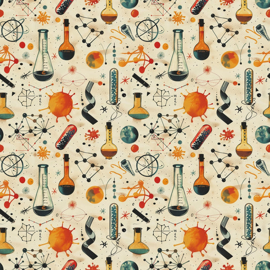 Seamless pattern with scientific illustrations including test tubes, molecules, DNA strands, and abstract shapes on a light background.