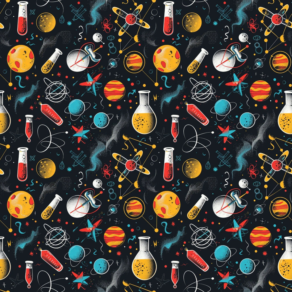 Seamless pattern with doodles of atoms, planets, astronauts, rockets, and lab equipment on a black background.