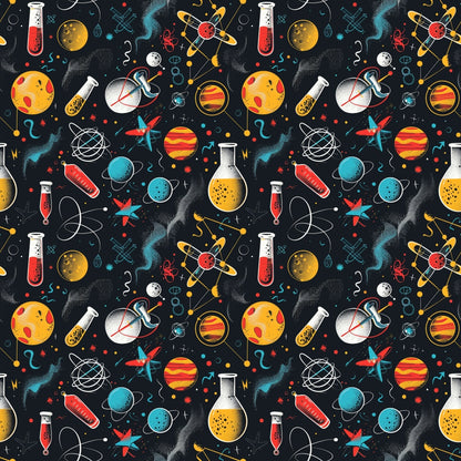 Seamless pattern with doodles of atoms, planets, astronauts, rockets, and lab equipment on a black background.