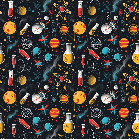 Seamless pattern with doodles of atoms, planets, astronauts, rockets, and lab equipment on a black background.