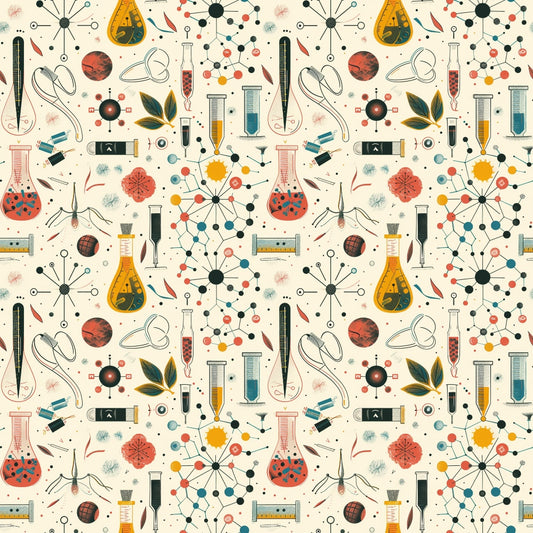 Illustration of various scientific equipment and molecular structures, including test tubes, flasks, and atomic models, arranged in a repetitive pattern on a beige background.