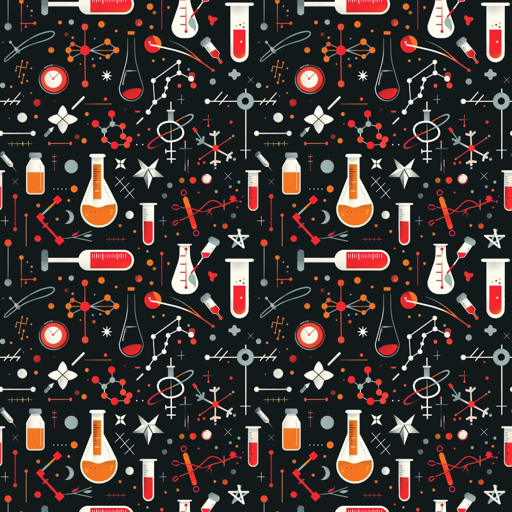 Seamless pattern of science-themed icons on a dark background, including flasks, syringes, molecules, stars, and test tubes in red, orange, and white.