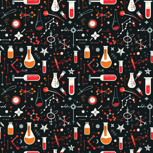 Seamless pattern of science-themed icons on a dark background, including flasks, syringes, molecules, stars, and test tubes in red, orange, and white.