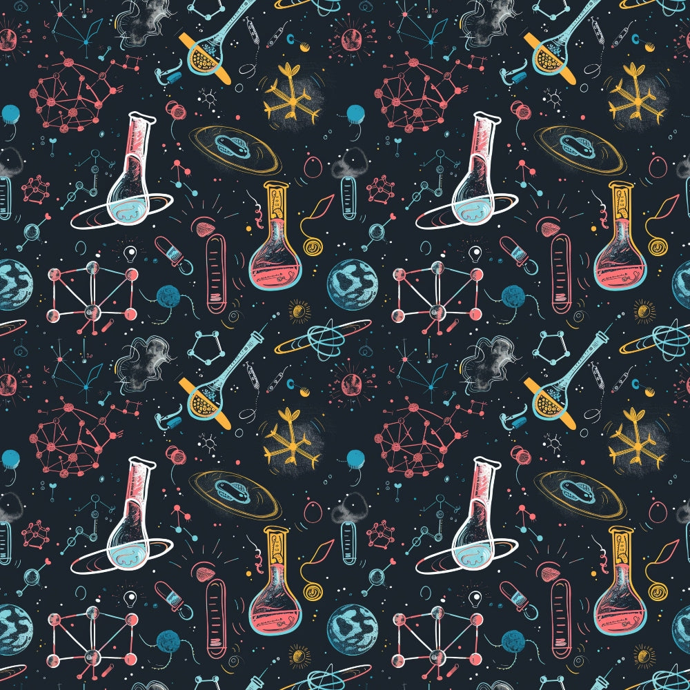 Seamless pattern of science-related doodles including flasks, planets, molecules, and atoms on a dark background.