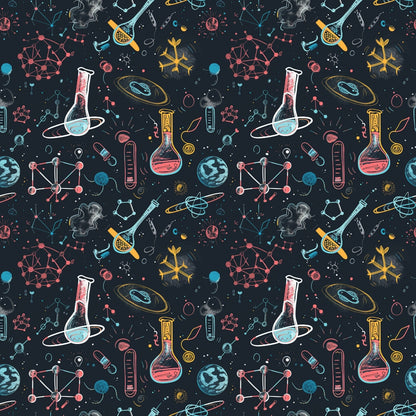 Seamless pattern of science-related doodles including flasks, planets, molecules, and atoms on a dark background.