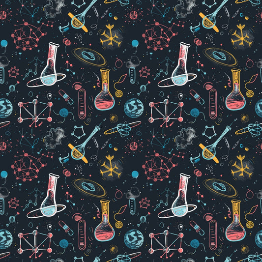 Seamless pattern of science-related doodles including flasks, planets, molecules, and atoms on a dark background.