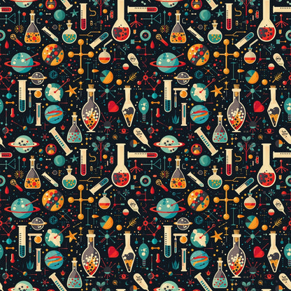 Seamless science pattern with colorful lab equipment, atoms, planets, and telescopes on a dark background.