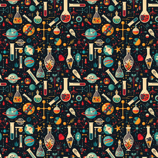 Seamless science pattern with colorful lab equipment, atoms, planets, and telescopes on a dark background.