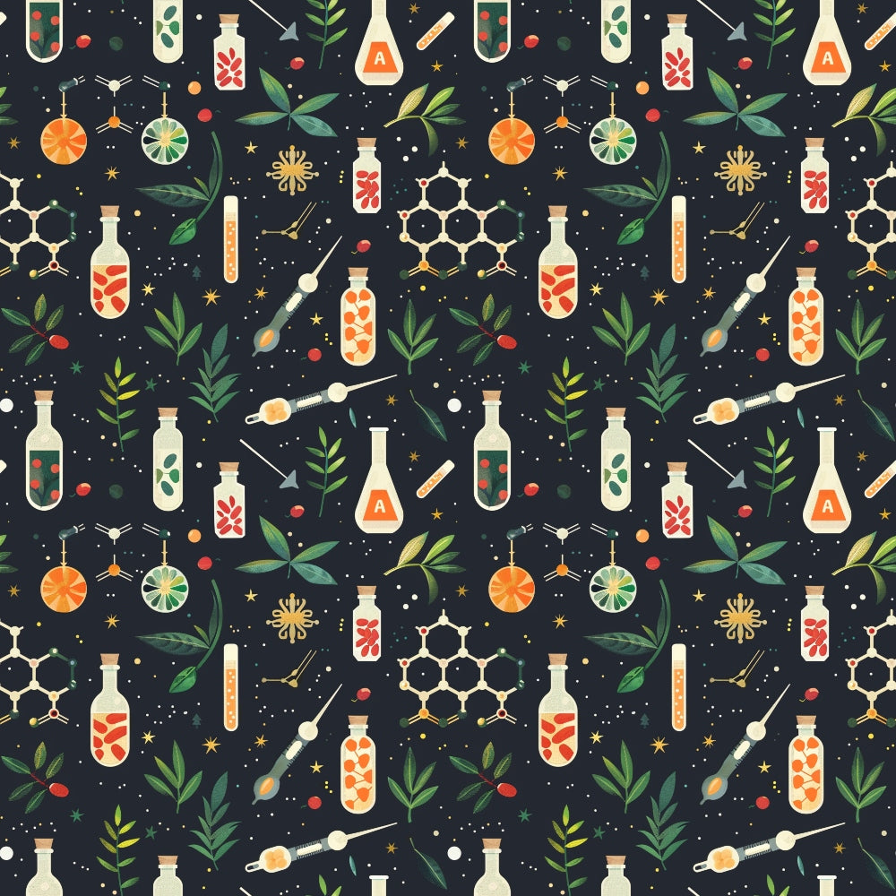 Patterned illustration of various chemistry-related items including bottles, test tubes, pipettes, molecules, and leaves on a dark background.