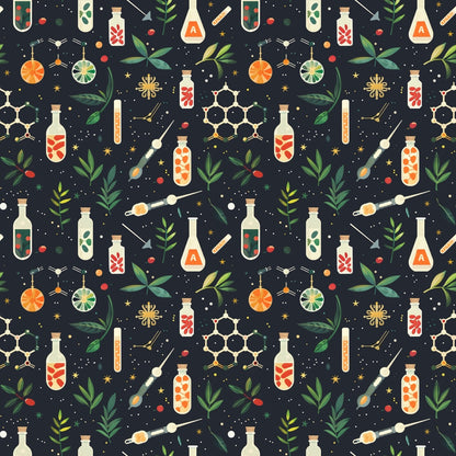 Patterned illustration of various chemistry-related items including bottles, test tubes, pipettes, molecules, and leaves on a dark background.