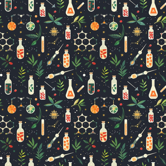 Patterned illustration of various chemistry-related items including bottles, test tubes, pipettes, molecules, and leaves on a dark background.