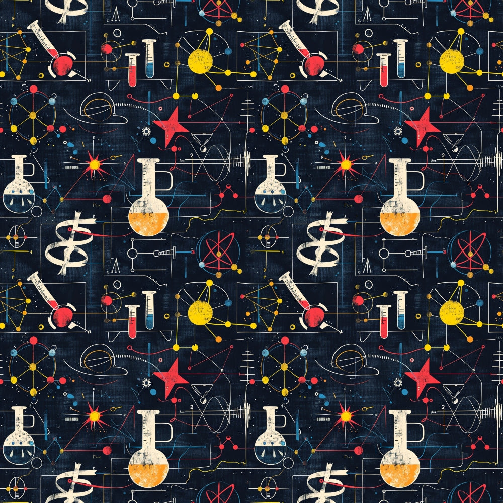 Seamless pattern with scientific instruments, equations, and symbols on a dark background.