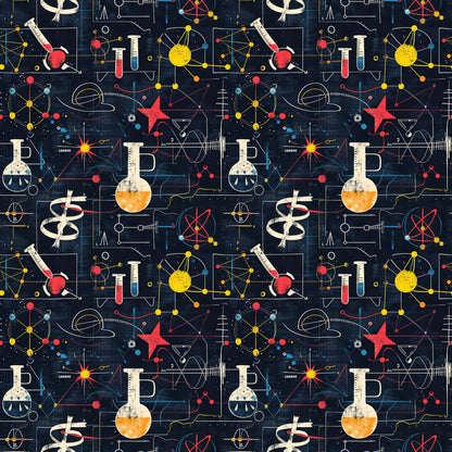 Seamless pattern with scientific instruments, equations, and symbols on a dark background.