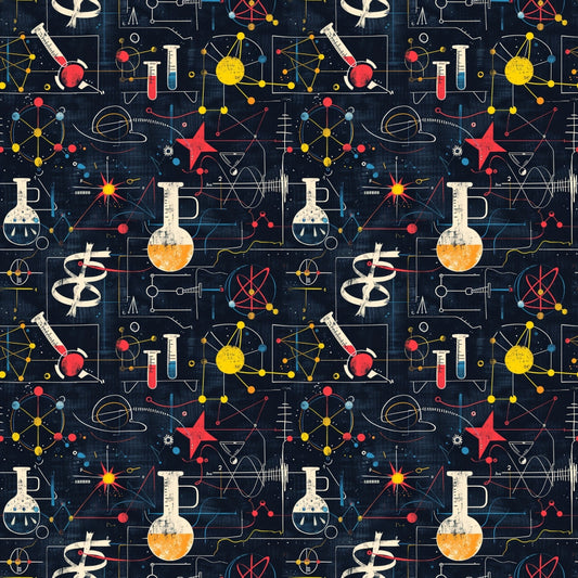 Seamless pattern with scientific instruments, equations, and symbols on a dark background.