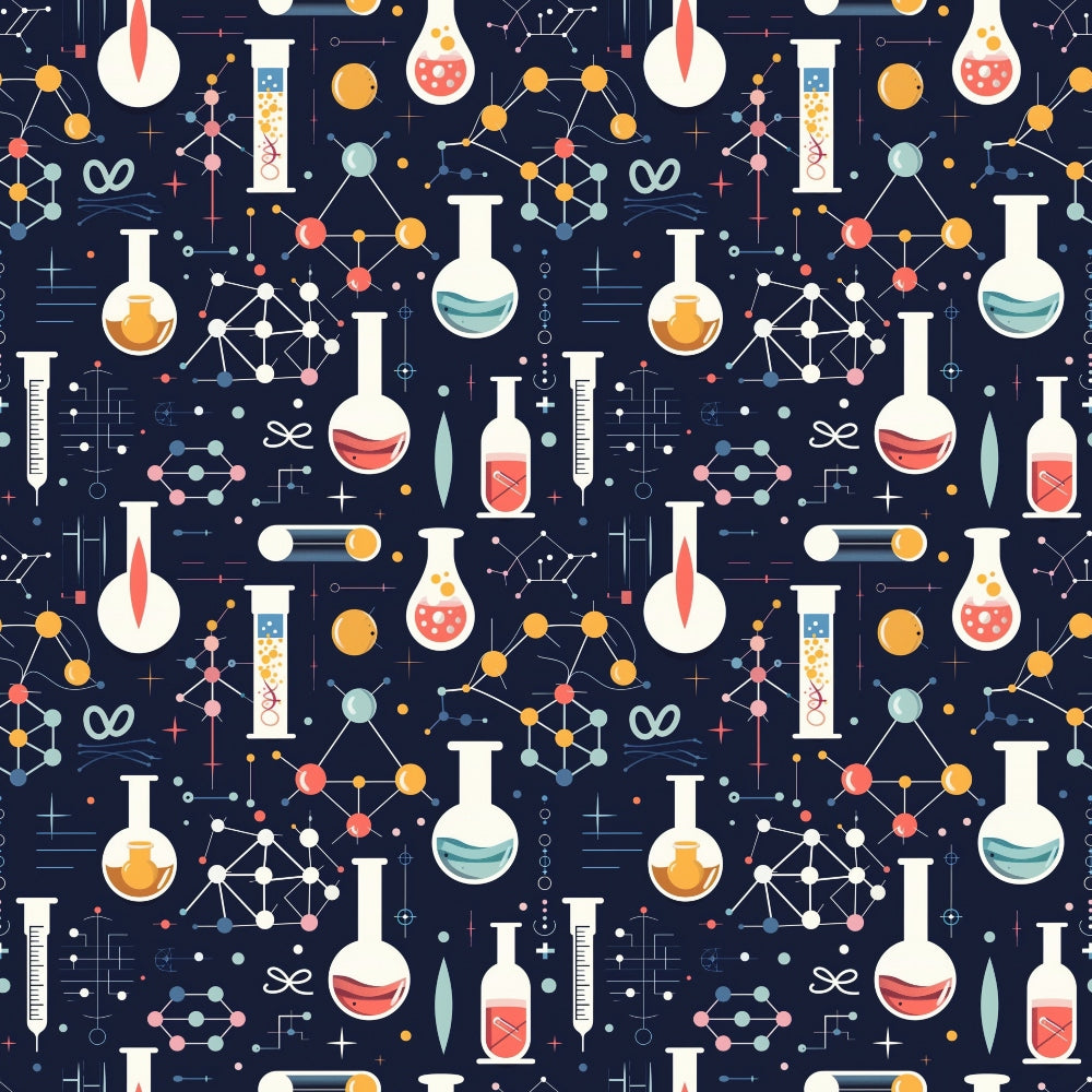 Seamless pattern of laboratory equipment, including beakers, test tubes, molecules, and syringes on a dark background.