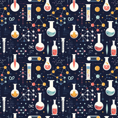 Seamless pattern of laboratory equipment, including beakers, test tubes, molecules, and syringes on a dark background.