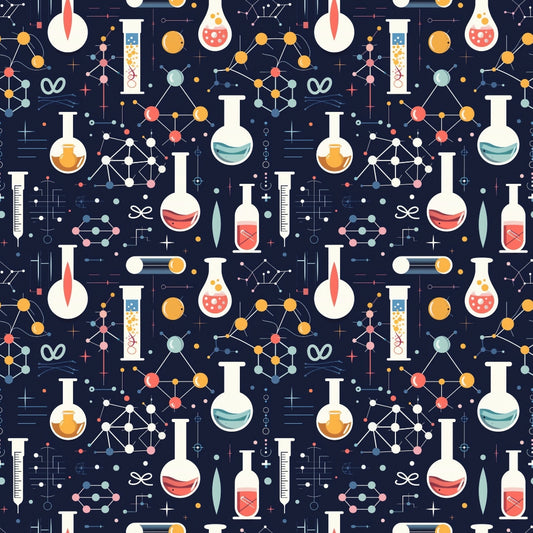 Seamless pattern of laboratory equipment, including beakers, test tubes, molecules, and syringes on a dark background.