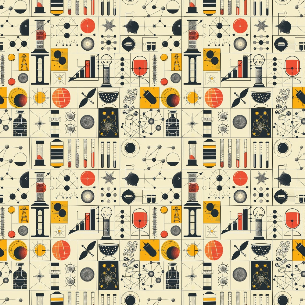 Seamless pattern with science-themed illustrations including flasks, molecules, telescopes, and planets in red, black, and yellow on a beige background.