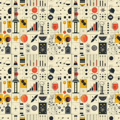 Seamless pattern with science-themed illustrations including flasks, molecules, telescopes, and planets in red, black, and yellow on a beige background.