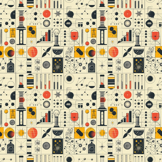 Seamless pattern with science-themed illustrations including flasks, molecules, telescopes, and planets in red, black, and yellow on a beige background.