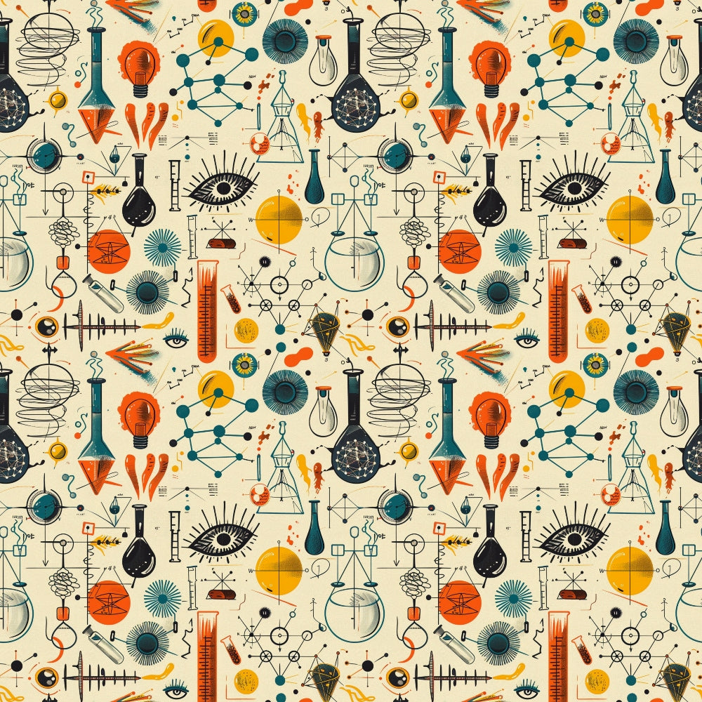 Retro science-themed pattern with illustrations of flasks, molecules, eyes, atomic symbols, and geometric shapes in blue, orange, and yellow on a cream background.