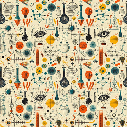 Retro science-themed pattern with illustrations of flasks, molecules, eyes, atomic symbols, and geometric shapes in blue, orange, and yellow on a cream background.