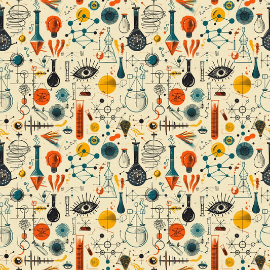 Retro science-themed pattern with illustrations of flasks, molecules, eyes, atomic symbols, and geometric shapes in blue, orange, and yellow on a cream background.