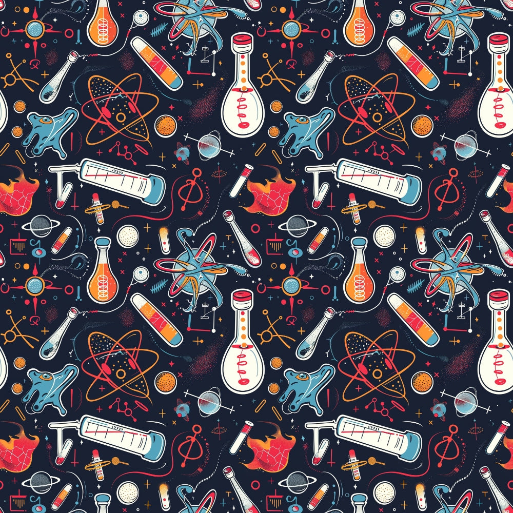 Pattern of science-themed illustrations, including flasks, atoms, test tubes, and DNA strands on a dark background.