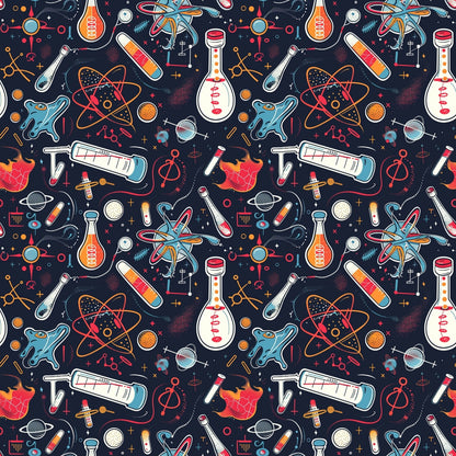 Pattern of science-themed illustrations, including flasks, atoms, test tubes, and DNA strands on a dark background.