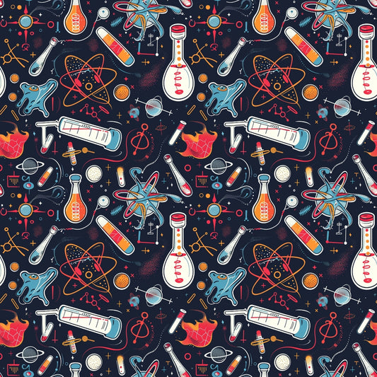 Pattern of science-themed illustrations, including flasks, atoms, test tubes, and DNA strands on a dark background.