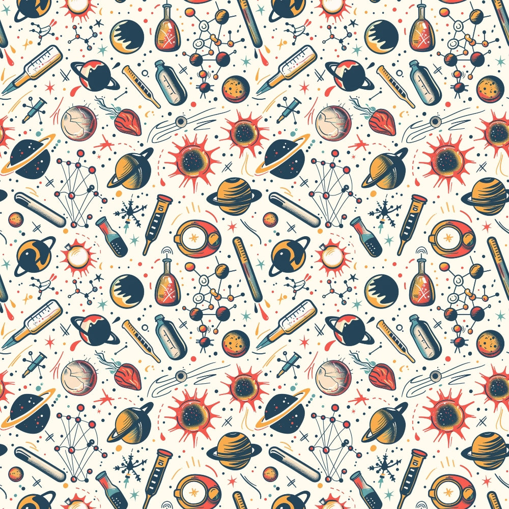 Seamless pattern with planets, rockets, telescopes, test tubes, and scientific symbols on a light background.