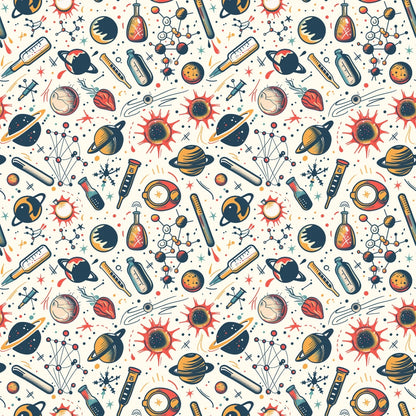 Seamless pattern with planets, rockets, telescopes, test tubes, and scientific symbols on a light background.