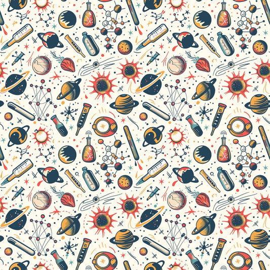 Seamless pattern with planets, rockets, telescopes, test tubes, and scientific symbols on a light background.