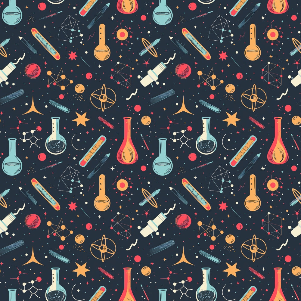 Seamless pattern of scientific illustrations: flasks, molecules, telescopes, planets, and stars in various colors on a dark background.