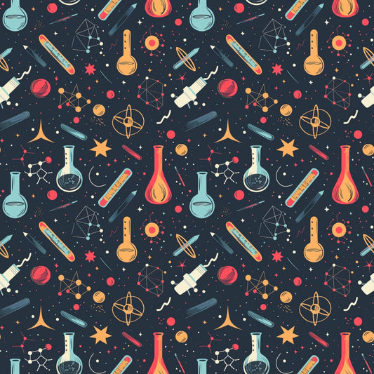 Seamless pattern of scientific illustrations: flasks, molecules, telescopes, planets, and stars in various colors on a dark background.