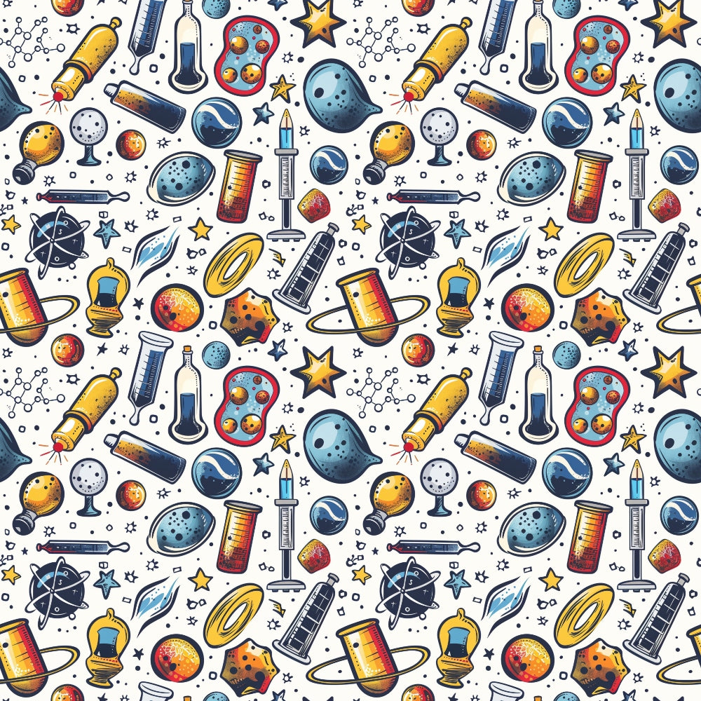 Seamless pattern of science-themed illustrations with planets, test tubes, atoms, rockets, and stars on a white background.