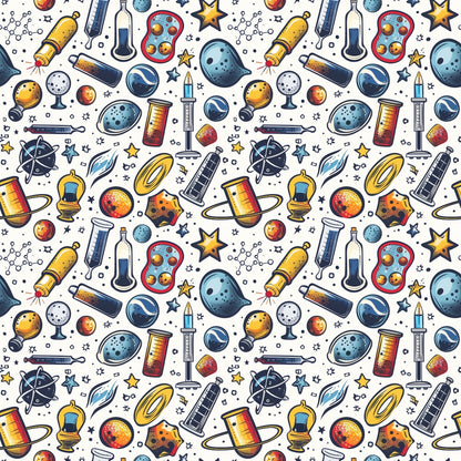 Seamless pattern of science-themed illustrations with planets, test tubes, atoms, rockets, and stars on a white background.