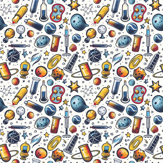 Seamless pattern of science-themed illustrations with planets, test tubes, atoms, rockets, and stars on a white background.