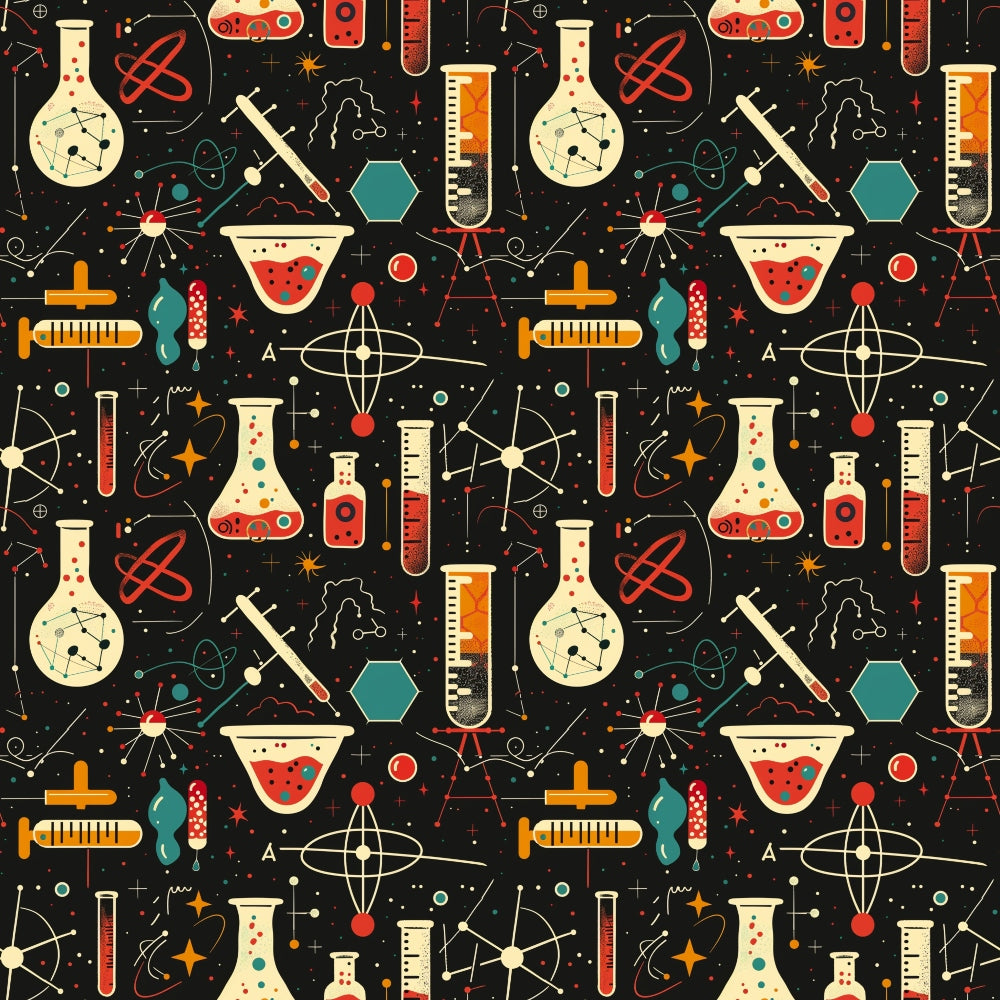 Pattern with scientific symbols, including flasks, test tubes, atoms, and molecular structures on a black background.