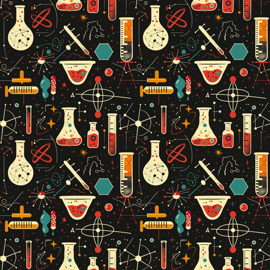 Pattern with scientific symbols, including flasks, test tubes, atoms, and molecular structures on a black background.