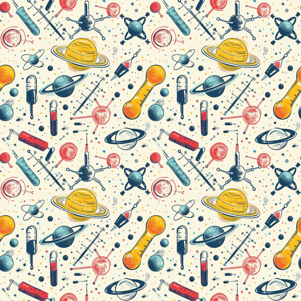 Pattern of space-themed illustrations featuring planets, rockets, satellites, and test tubes on a light background.