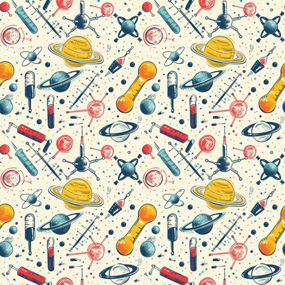 Pattern of space-themed illustrations featuring planets, rockets, satellites, and test tubes on a light background.