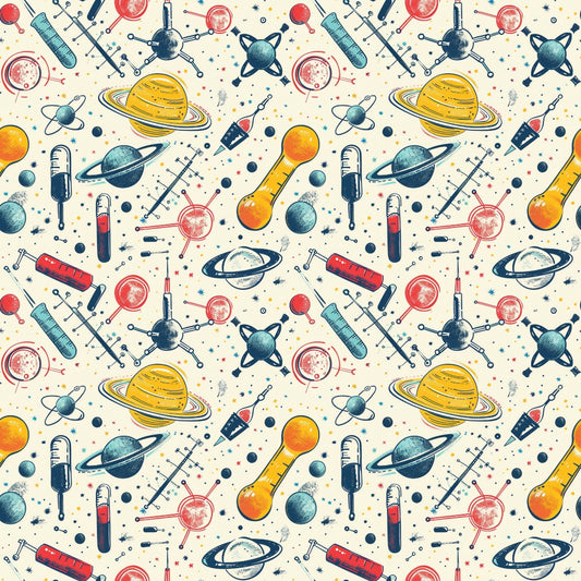 Pattern of space-themed illustrations featuring planets, rockets, satellites, and test tubes on a light background.