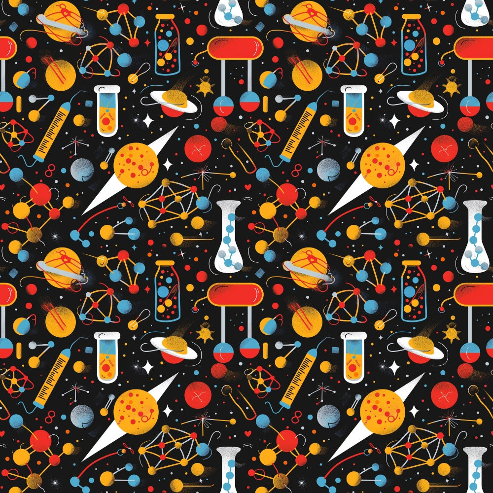 Colorful science-themed pattern featuring rockets, planets, test tubes, DNA strands, and geometric shapes on a black background.