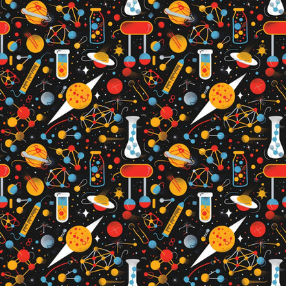 Colorful science-themed pattern featuring rockets, planets, test tubes, DNA strands, and geometric shapes on a black background.