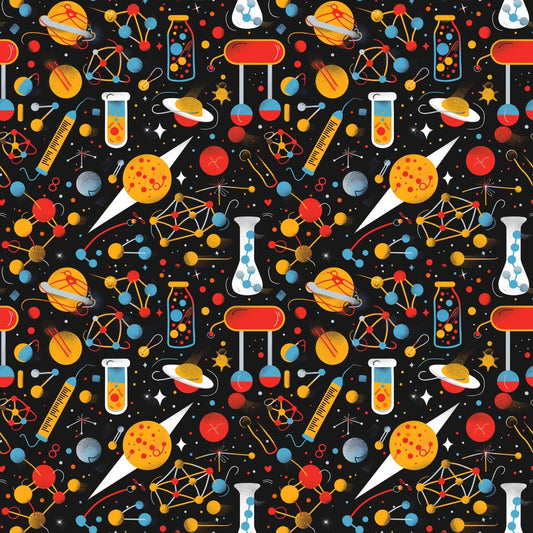 Colorful science-themed pattern featuring rockets, planets, test tubes, DNA strands, and geometric shapes on a black background.