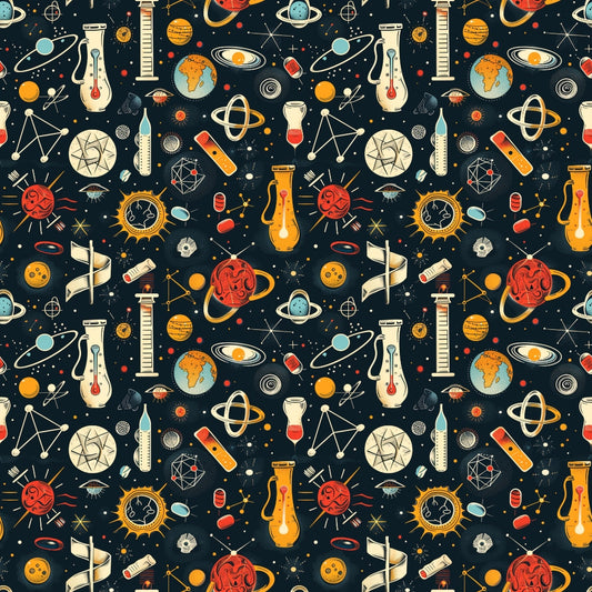 Seamless pattern featuring colorful science-themed doodles, including planets, rockets, test tubes, atoms, and geometric shapes on a dark background.